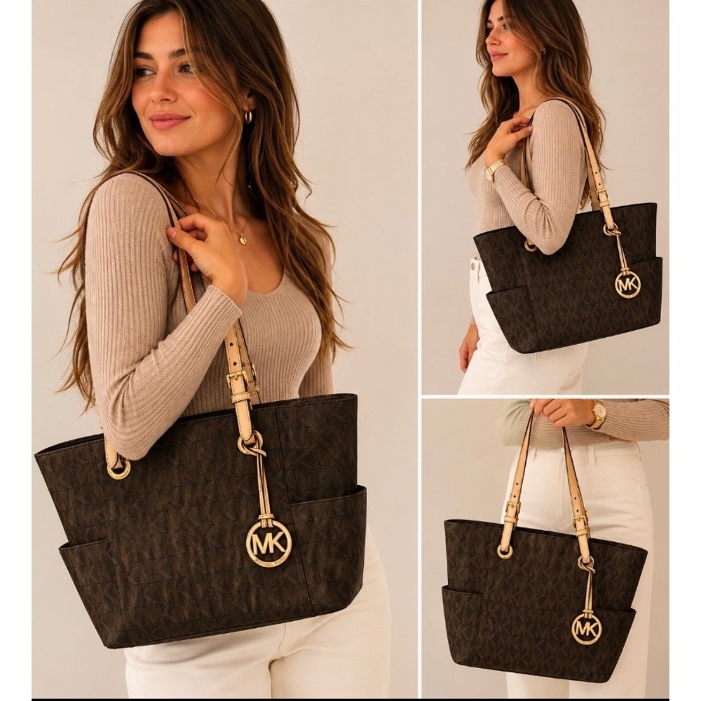 Michael Kors Jet Set Travel Tote Bag Brown Signature Logo‎ MK Gold Hardware